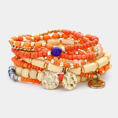 Fashnzfab 10pcs - Wood Multi Bead Layered Stretch Bracelets In Orange