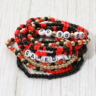 Fashnzfab 10pcs - Go Gameday Message Beaded Stretch Multi Layered Bracelets In Red
