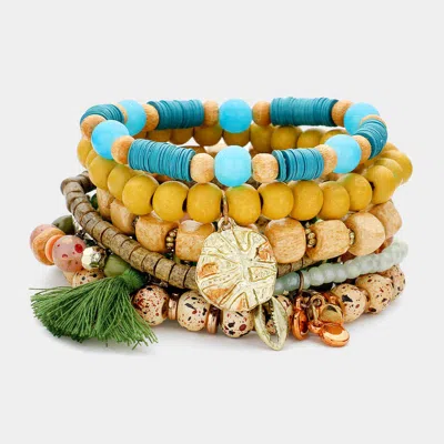 Fashnzfab 10pcs - Metal Puka Shell Tassel Charm Wood Heishi Beaded Stretch Bracelets Multi In Blue