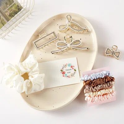 Fashnzfab 10pcs - Pearl Paved Hair Claw Clips Stretchable Fabric Hairbands Set In White