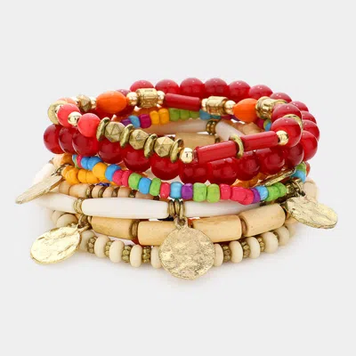 Fashnzfab 10pcs - Wood Ball Multi Bead Stretch Layered Bracelets Multi In Red
