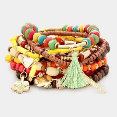 Fashnzfab 10pcs - Wood Multi Bead Tassel Layered Stretch Bracelets Multi, Wood In Pink