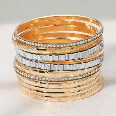 Fashnzfab 11pcs - Rhinestone Accented Multi Layered Bangle Bracelets - Clear, Gold