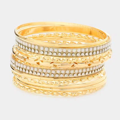 Fashnzfab 11pcs - Rhinestone Embellished Metal Bangle Bracelets In Gold