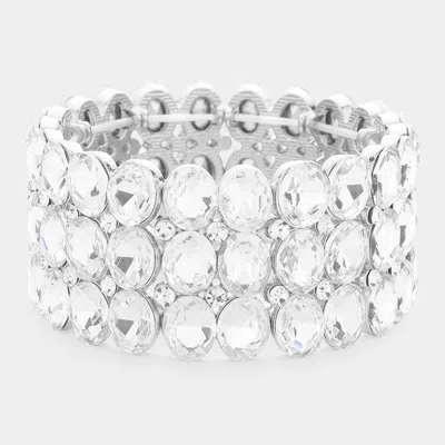 Fashnzfab 1.2" H Oval Stone Cluster Stretch Evening Bracelet In White
