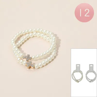 Fashnzfab 12 Set Of 2 - Crystal Cross Charm Pearl Beaded Stretch Bracelets In Brown