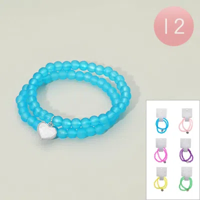 Fashnzfab 12 Set Of 2 - Mother Of Pearl Heart Charm Beaded Stretch Double Layered Bracelets In Blue