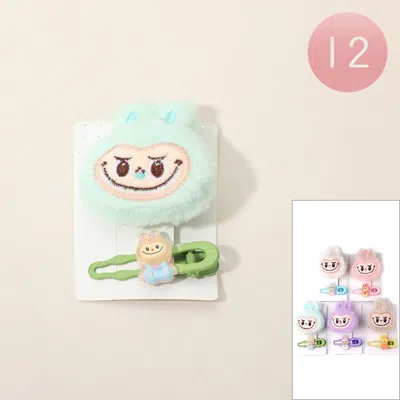 Fashnzfab 12 Set Of 2 - Plush Monster Bunny Face Hairband Alligator Snap Hair Clip Set In Blue