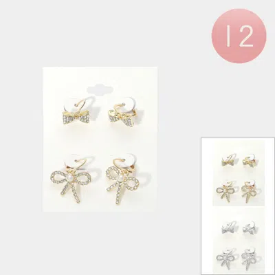 Fashnzfab 12 Set Of 2 - Stone Paved Bow Dangle Earrings In Multi