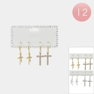 Fashnzfab 12 Set Of 2 - Stone Paved Cross Dangle Earrings In Gold