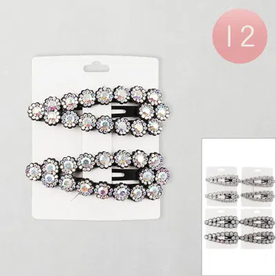 Fashnzfab 12 Set Of 2 - Floral Rhinestone Embellished Snap Hair Clip Set In Multi