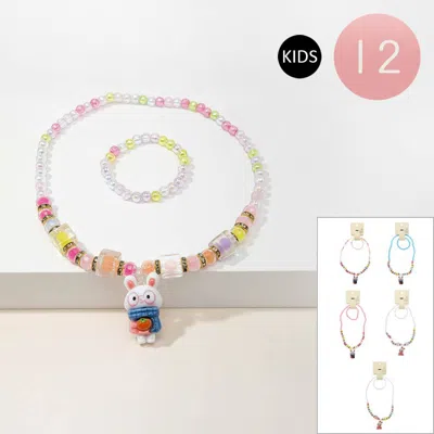 Fashnzfab 12 Set Of 2 - Kids Cute Bunny Charm Necklace Stretchable Bracelet Set 16" L In Multi