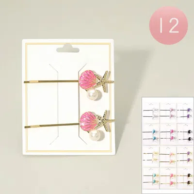 Fashnzfab 12 Set Of 2 - Pearl Enamel Seashell Starfish Accent Hair Clip Set In Pink
