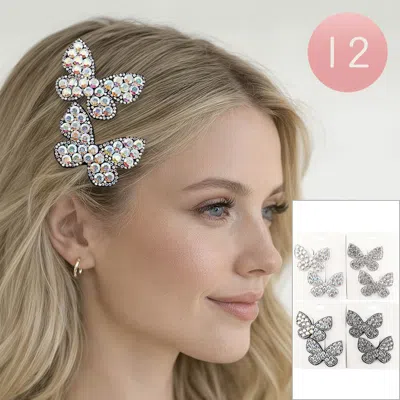Fashnzfab 12 Set Of 2 - Rhinestone Embellished Butterfly Snap Hair Clip Set In Multi