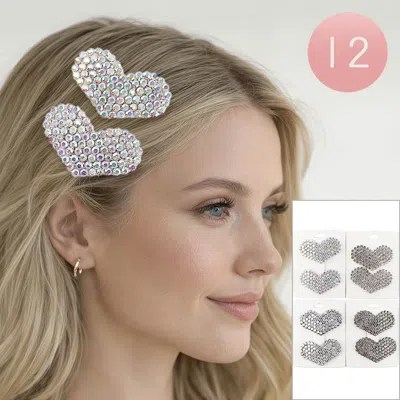 Fashnzfab 12 Set Of 2 - Rhinestone Embellished Heart Snap Hair Clip Set In Multi