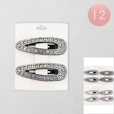 Fashnzfab 12 Set Of 2 - Rhinestone Embellished Snap Hair Clip Set 3" X 1" In Multi