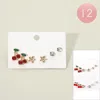 Fashnzfab 12 Set Of 3 - Cherry Flower Stone Pearl Stud Earring Set In Multi