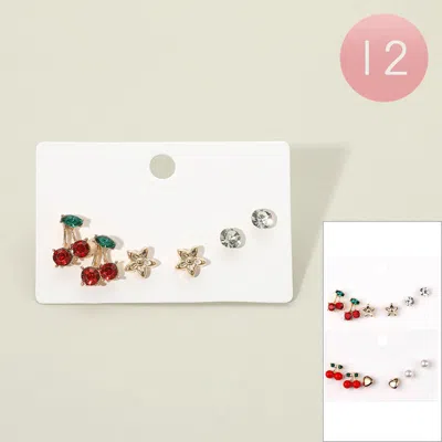 Fashnzfab 12 Set Of 3 - Cherry Flower Stone Pearl Stud Earring Set In Multi