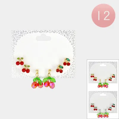 Fashnzfab 12 Set Of 3 - Cherry Stud Dangle Earring Set In Black