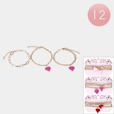 Fashnzfab 12 Set Of 3 - Enamel Heart Charm Chain Bracelets Assorted In Multi