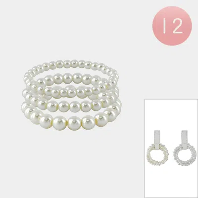 Fashnzfab 12 Set Of 3 - Pearl Stretch Multi Layered Bracelets White