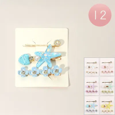 Fashnzfab 12 Set Of 3 - Starfish Heart Pearl Flower Accent Hair Clip Set In Multi