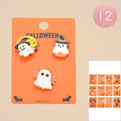 Fashnzfab 12 Set Of 3 - Enamel Halloween Ghost Pin Brooch Set In Multi