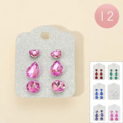 Fashnzfab 12 Set Of 3 - Heart Teardrop Round Stone Stud Earring Set Assorted In Pink