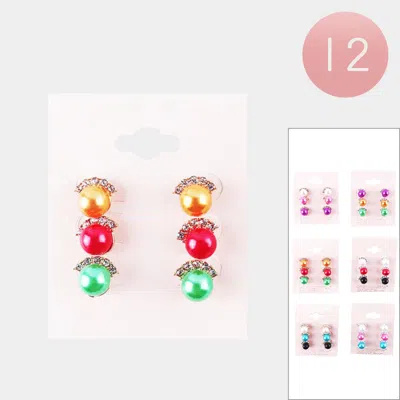Fashnzfab 12 Set Of 3 - Round Colored Pearl Stud Earrings In Multi