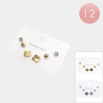 Fashnzfab 12 Set Of 3 - Stainless Steel Stud Earring Set In Gold
