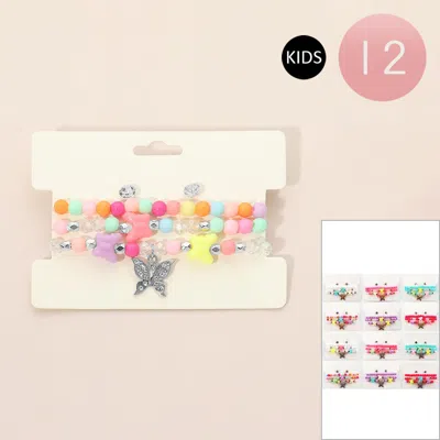 Fashnzfab 12 Set Of 4 - Kids Butterfly Charm Beaded Stretch Bracelet Earring Set In Multi