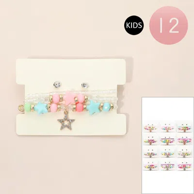Fashnzfab 12 Set Of 4 - Kids Star Charm Beaded Stretch Bracelet Earring Set In Multi