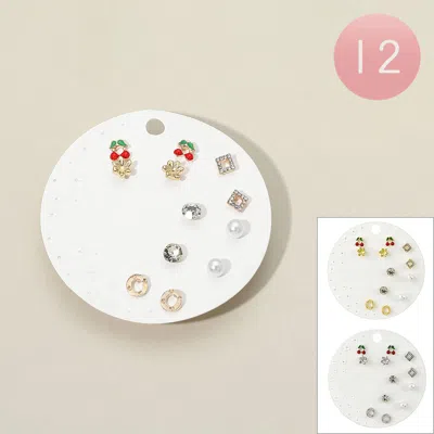 Fashnzfab 12 Set Of 6 - Cherry Stone Pearl Flower Mini Stud Earring Set In Multi
