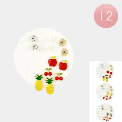Fashnzfab 12 Set Of 6 - Enamel Fruit Flower Pearl Stone Stud Earring Set In Pink