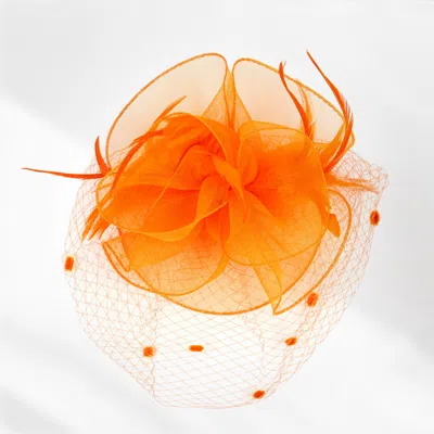 Fashnzfab 12" X 11" Feather Mesh Flower Fascinator / Headband In Orange