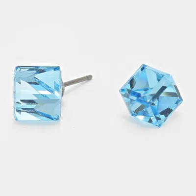 Fashnzfab 12mm Genuine Crystal Cube Stud Earrings In Blue