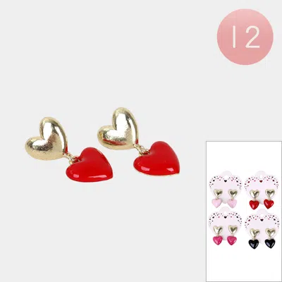 Fashnzfab 12pairs - Enamel Heart Dangle Earrings In Red