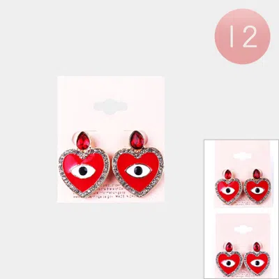 Fashnzfab 12pairs - Evil Eye Centered Heart Dangle Earrings - Red