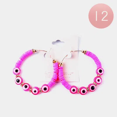 Fashnzfab 12pairs - Evil Eye Heishi Beaded Hoop Earrings - Assorted In Pink