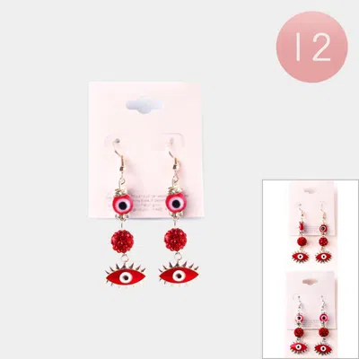 Fashnzfab 12pairs - Evil Eye Shamballa Ball Drop Down Earrings In Red