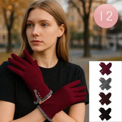 Fashnzfab 12pairs - Faux Fur Trim Button Detail Smart Touch Winter Gloves In Burgundy
