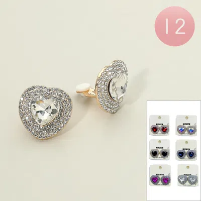 Fashnzfab 12pairs - Heart Stone Clip On Earrings In Gold