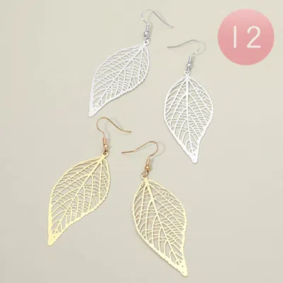 Fashnzfab 12pairs - Metal Cutout Leaf Drop Dangle Earrings Gold, Silver In Multi