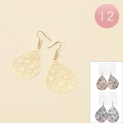 Fashnzfab 12pairs - Metal Filigree Floral Teardrop Dangle Earrings In Gold