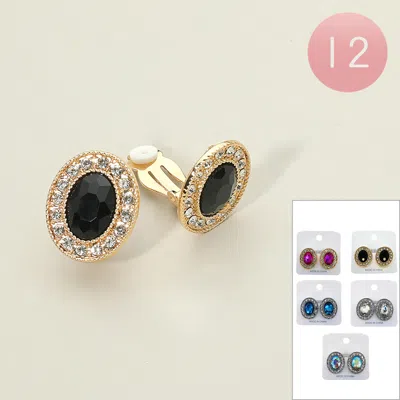 Fashnzfab 12pairs - Oval Halo Rhinestone Clip On Earrings In Multi