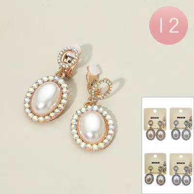 Fashnzfab 12pairs - Oval Pearl Drop Dangle Evening Clip On Earrings In Multi