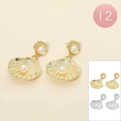 Fashnzfab 12pairs - Pearl Accent Textured Shell Drop Earrings Gold, Silver
