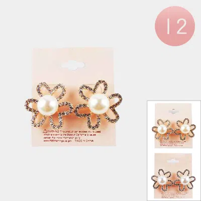 Fashnzfab 12pairs - Pearl Pointed Stone Paved Flower Stud Earrings In Multi