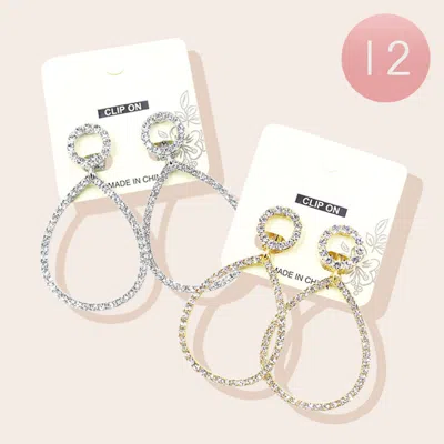 Fashnzfab 12pairs - Rhinestone Pave Open Teardrop Link Dangle Clip On Earrings - Assorted In Multi