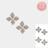 Fashnzfab 12pairs - Round Stone Centered Stone Paved Flower Stud Earrings - Gold, Rhodium In Multi